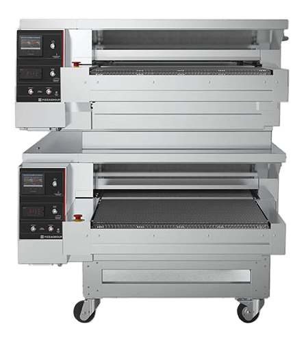 Side view of Dragon Conveyor Oven by Pizza Group, offering a glimpse through its innovative refractory stone conveyor system for consistent pizza baking.